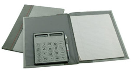 Gray Leather Notepad w/Pen & Calculator